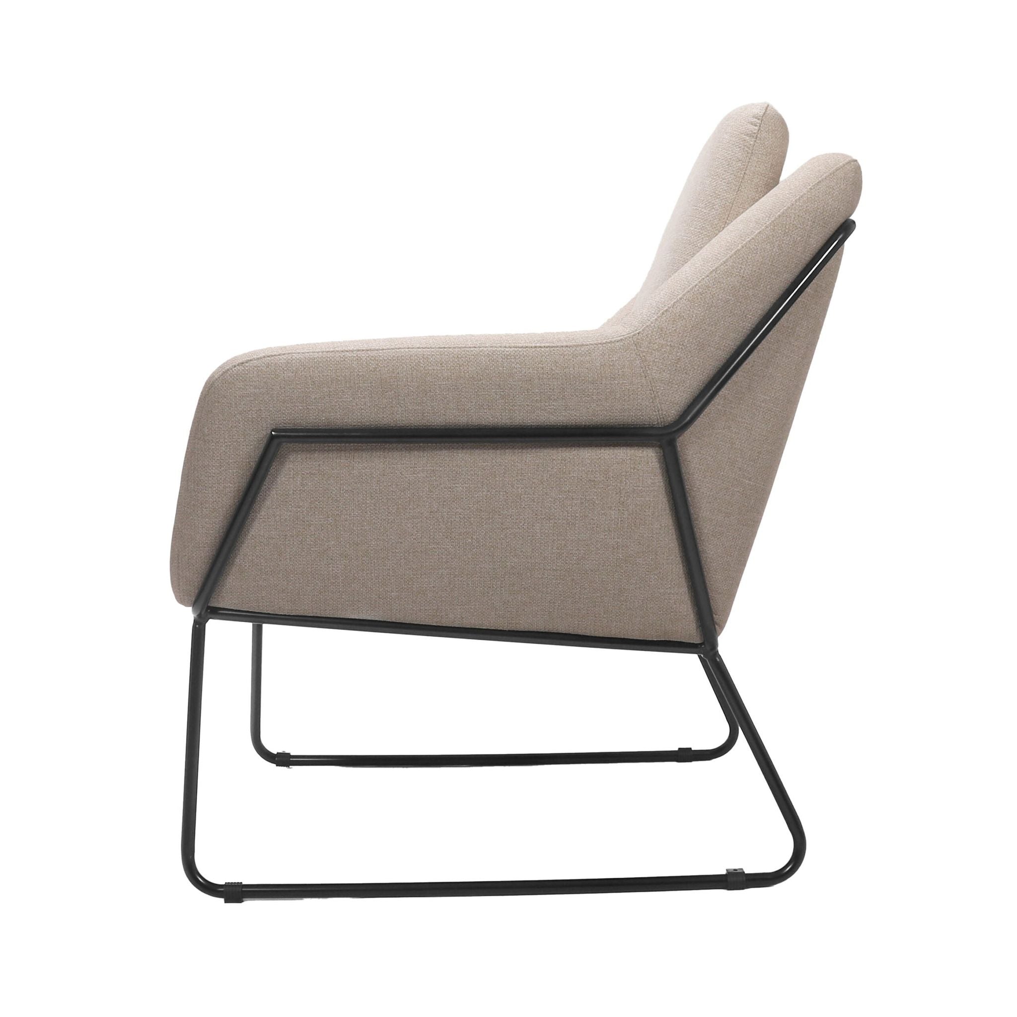 Beige armchair with black metal frame on a white background