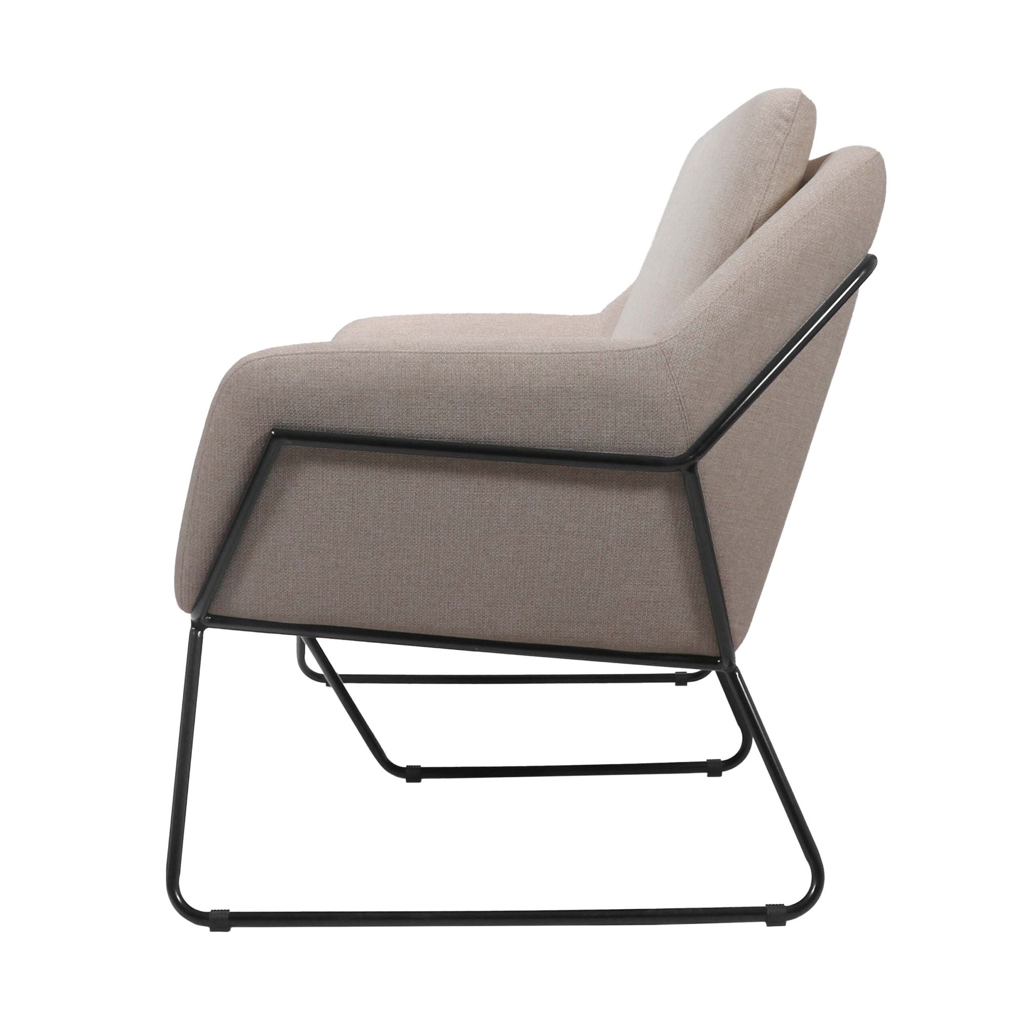 Beige armchair with black metal frame on a white background