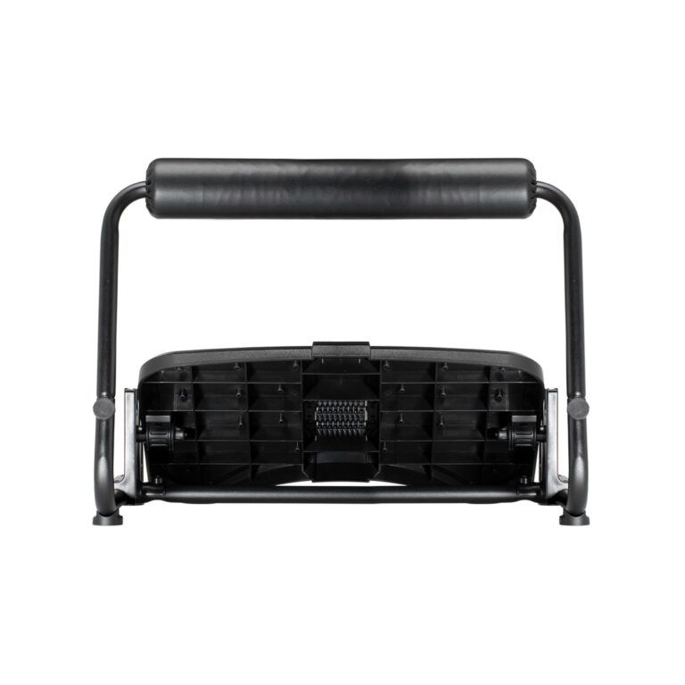 Black metal step stool with a handle on a white background