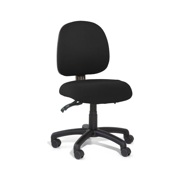 A black medium back office chair with a five-point wheeled base and adjustable height mechanism.