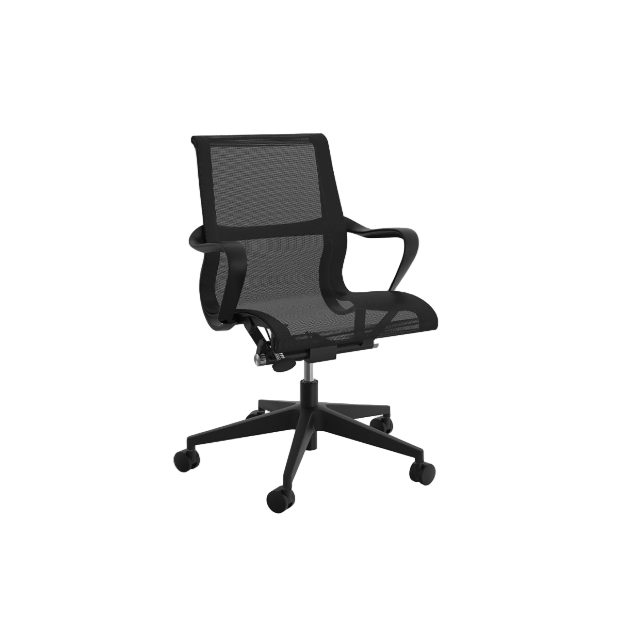 Black office chair with mesh back on a light gray background