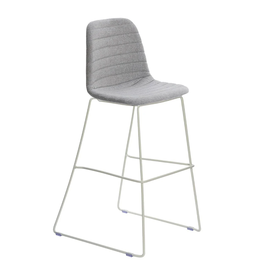 Gray bar stool with a white metal frame on a white background