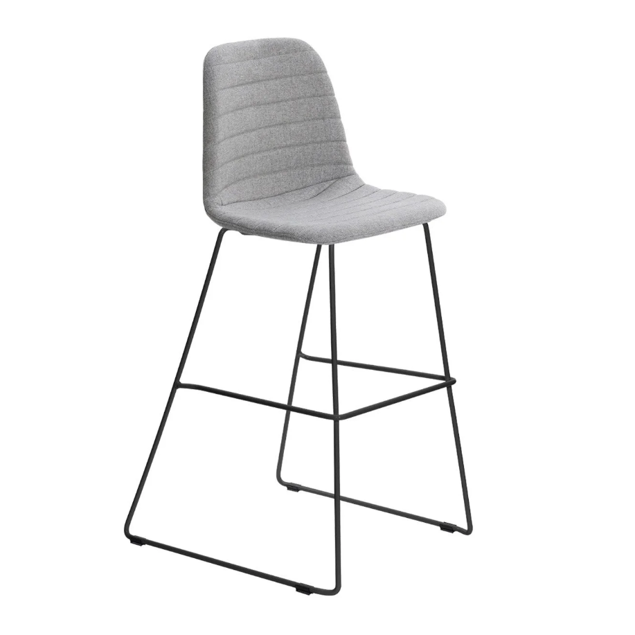 Gray bar stool with black metal legs on a white background