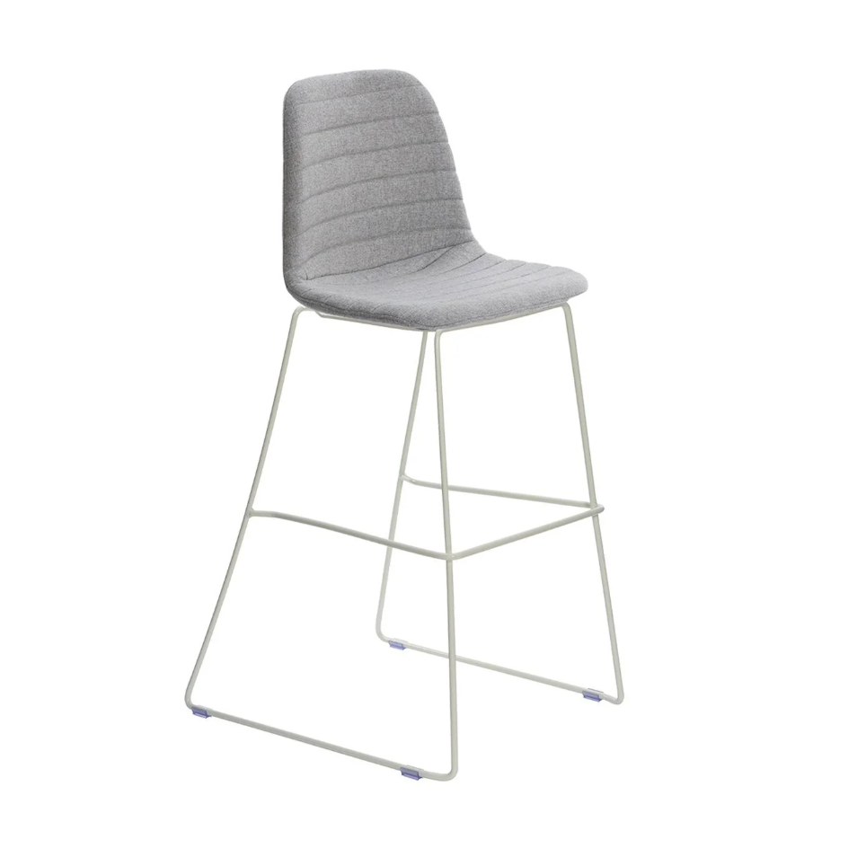 Gray bar stool with white metal legs on a white background