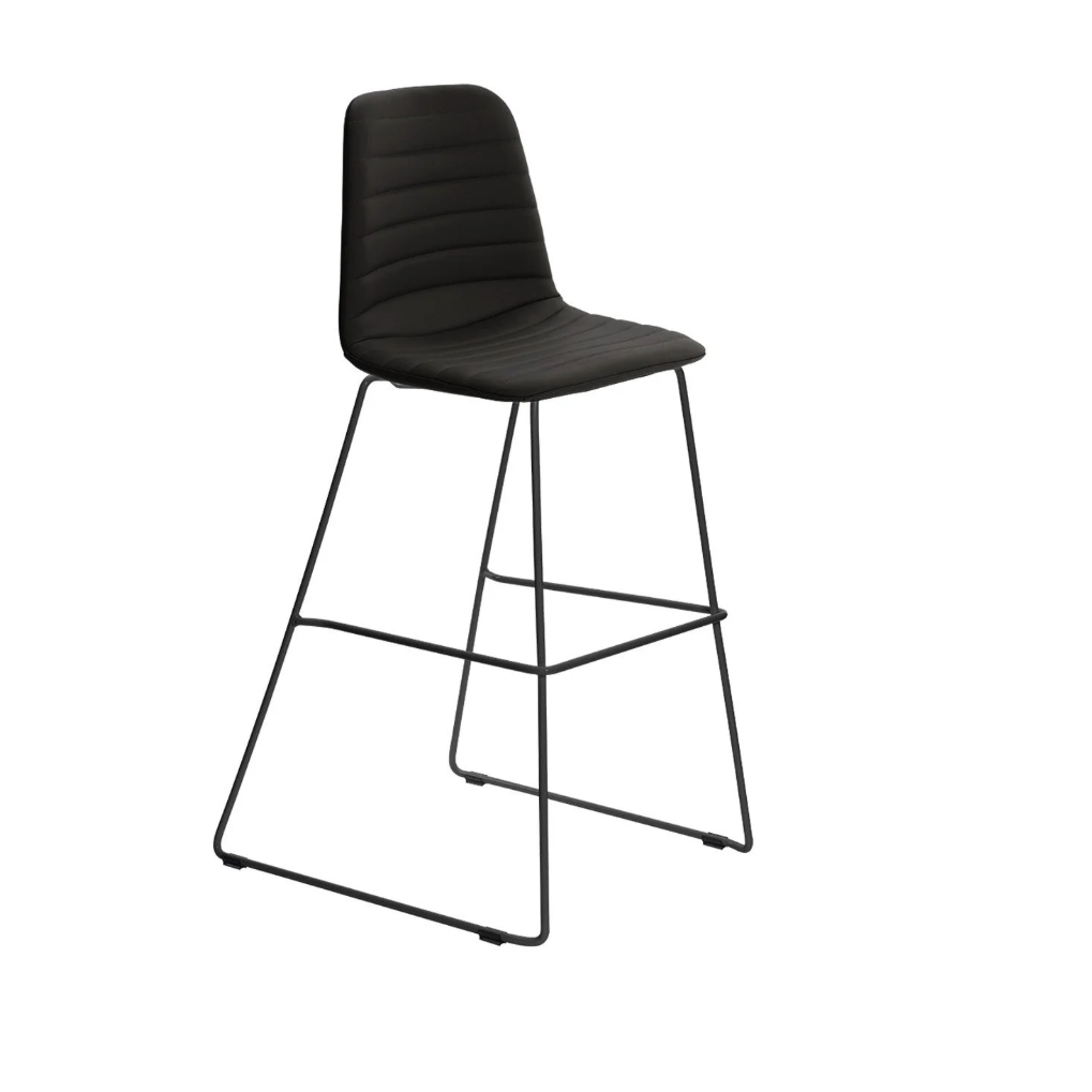 Black bar stool with a modern design on a white background