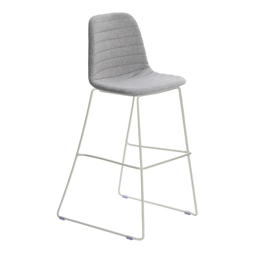 Gray bar stool with a white metal frame on a white background