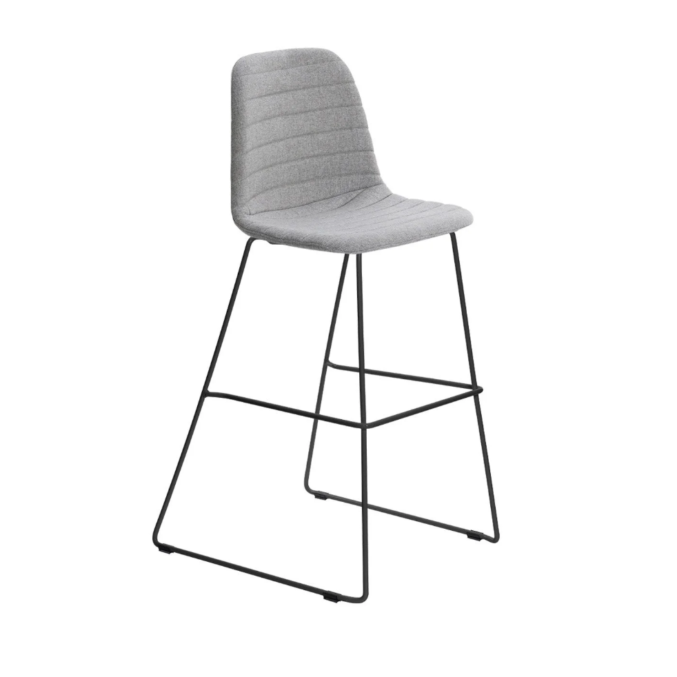 Gray bar stool with black metal legs on a white background