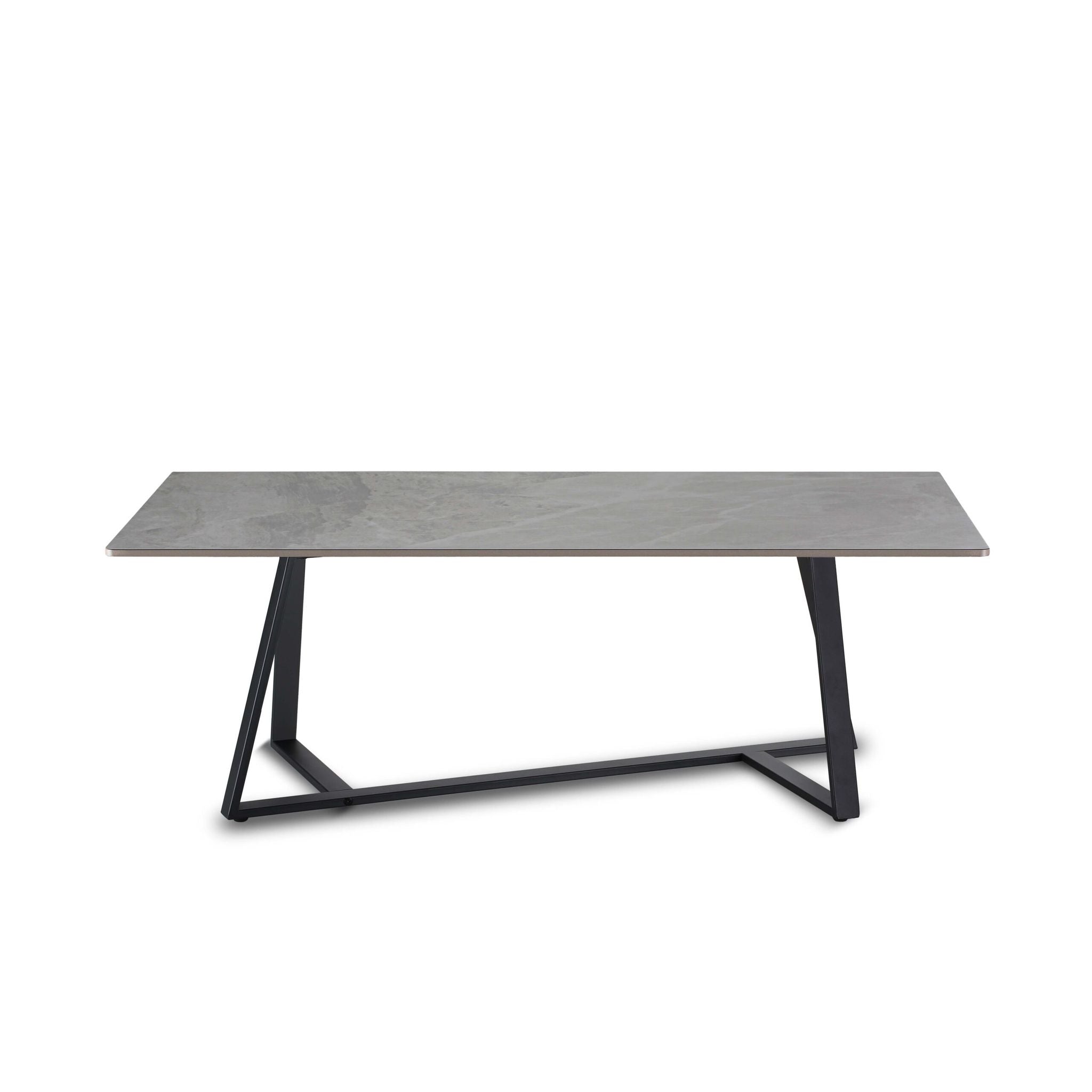 Gray dining table with black metal legs on a white background