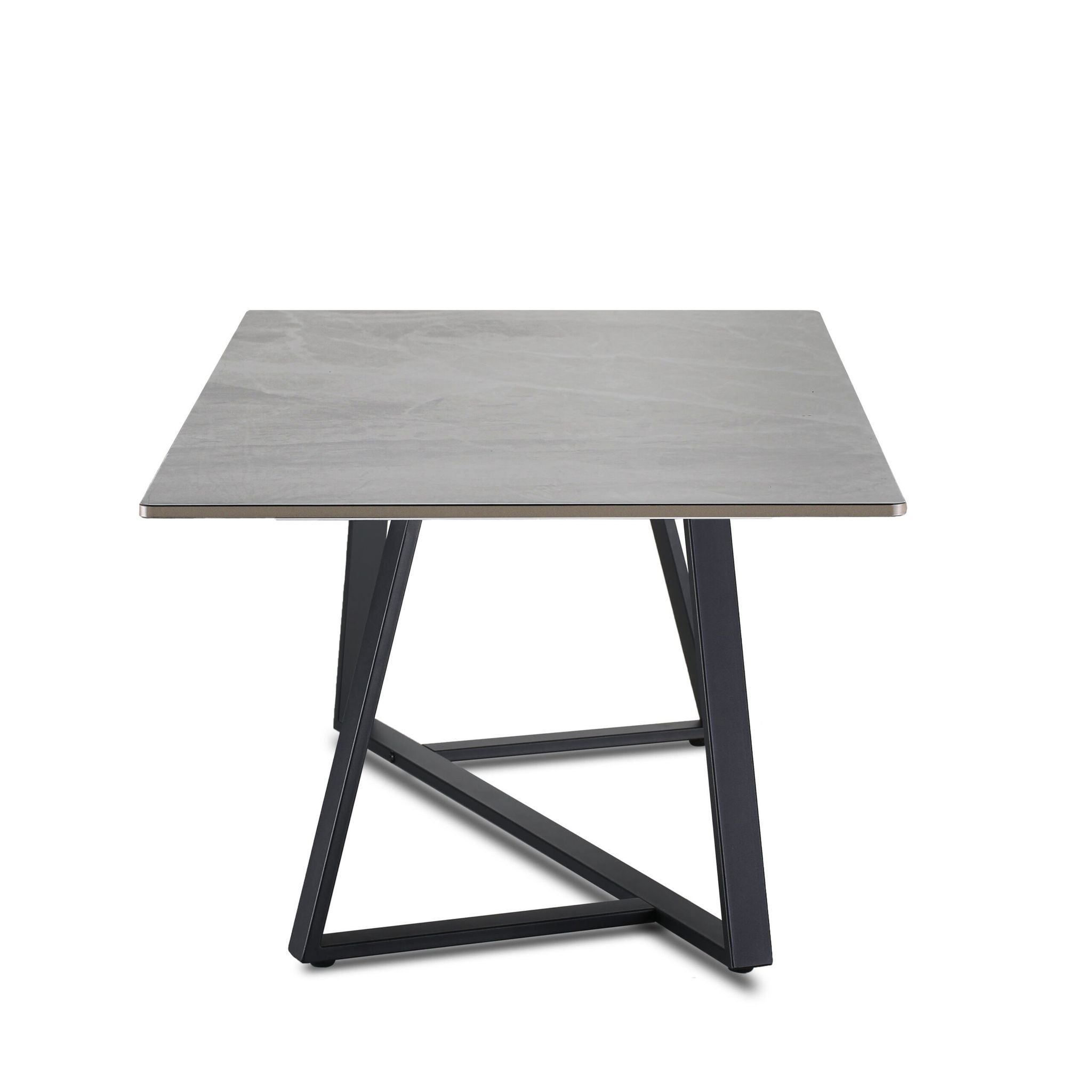 Square table with gray top and black metal legs on a white background