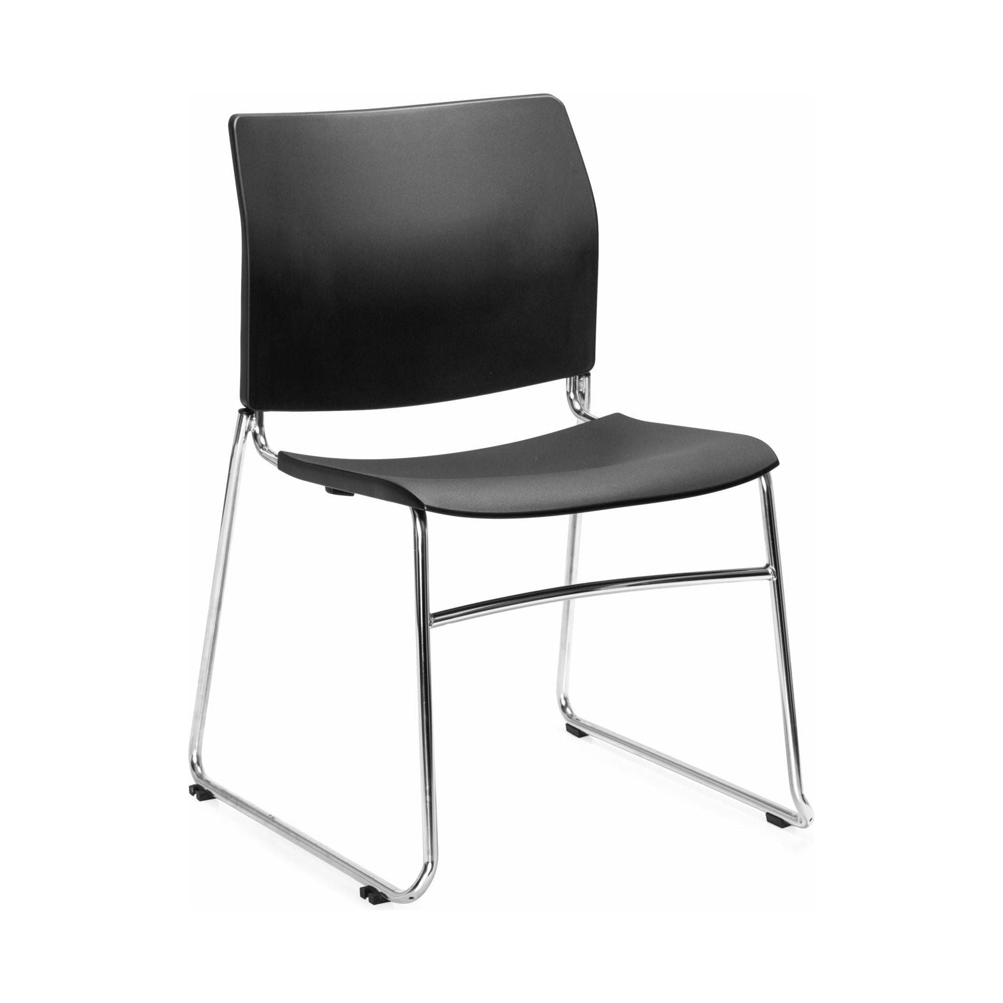 A black visitor chair with a plastic shell and metal sled base, suitable for stacking.